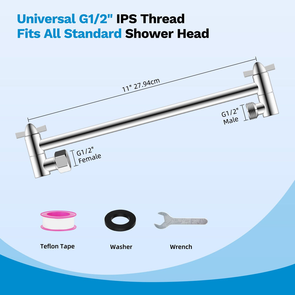 All Metal 11" Shower Head Extension Arm, Adjustable Shower Head Extender
