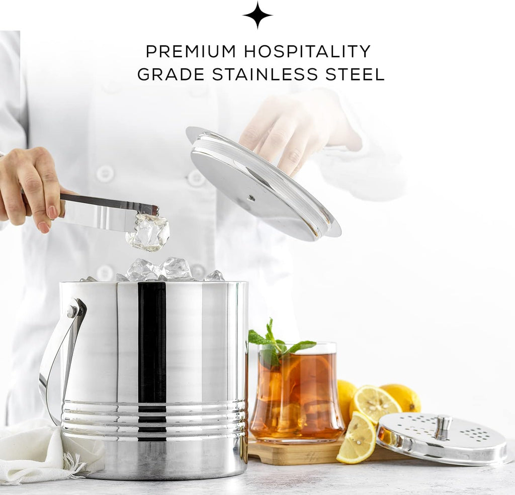 Metal Double Wall Ice Bucket with Lid, Ice Tongs and Strainer. 3L Insulated Ice Bucket for Cocktail Bar, Wine, Home - Set of 3