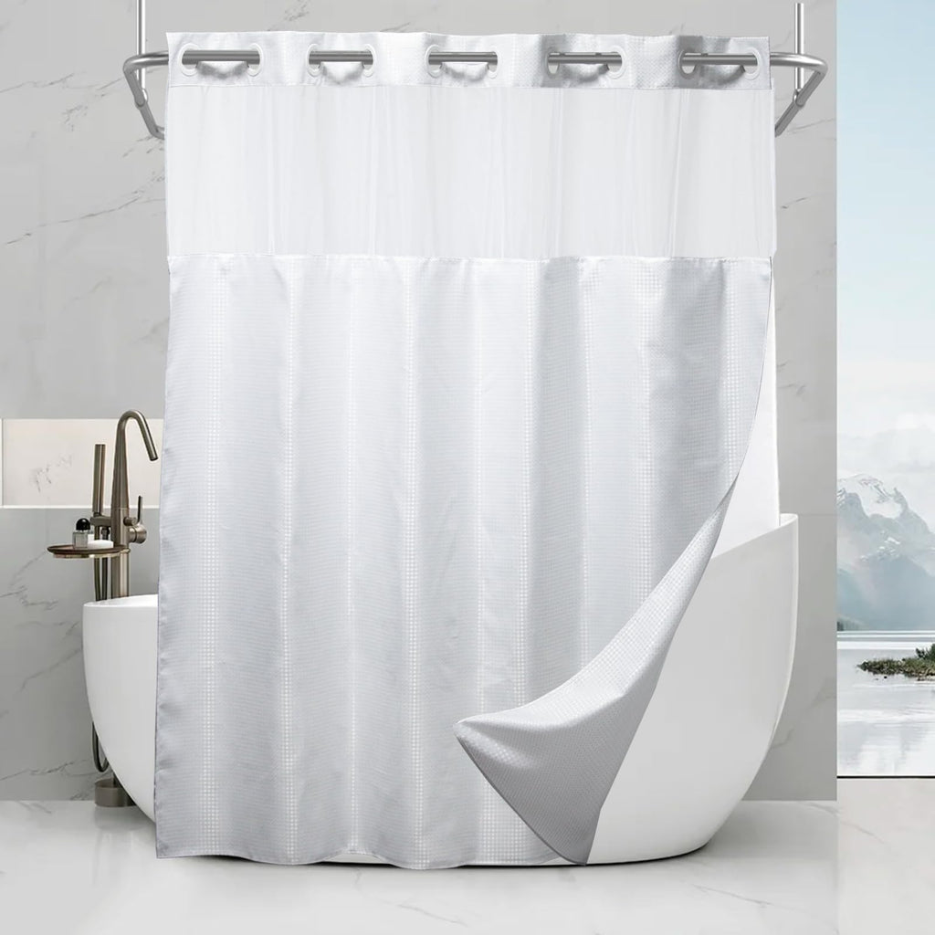 White Waffle Weave Shower Curtain with Snap in Liner Polyester Fabric Hotel and Spa Bathroom Decor Set Waterproof