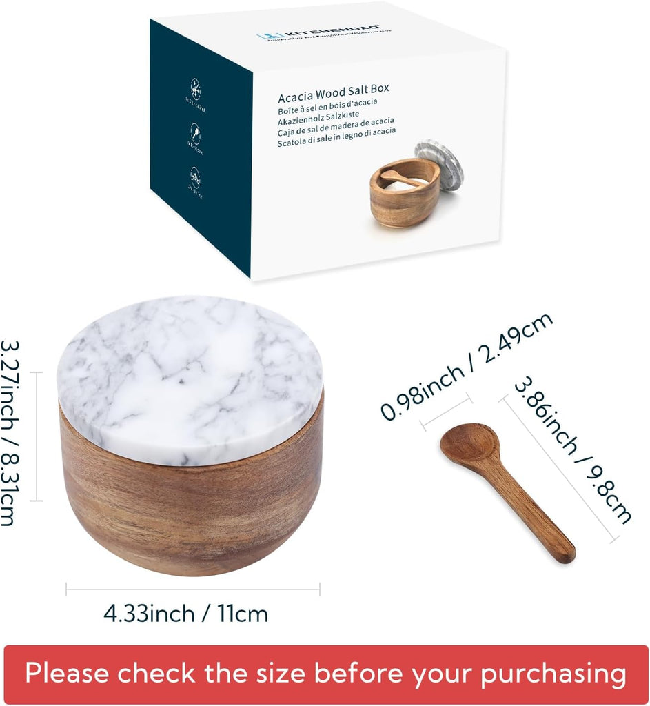 Large Acacia Salt Cellar Box Bowl with Built-in Spoon and Marble Lid, Solid Natural Acacia Wood Bath Sea Salt