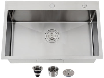 30x18 Inch Drop Sink, Top Mount Silver Stainless Steel Single Bowl, 18 Gauge Handmade Sink