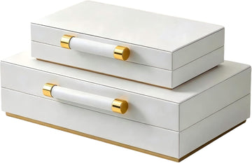 Decorative Storage Boxes with Lids Decor - Large White PU Leather Memory Box for Keepsakes, 8 Necklace Hooks - Set of 2