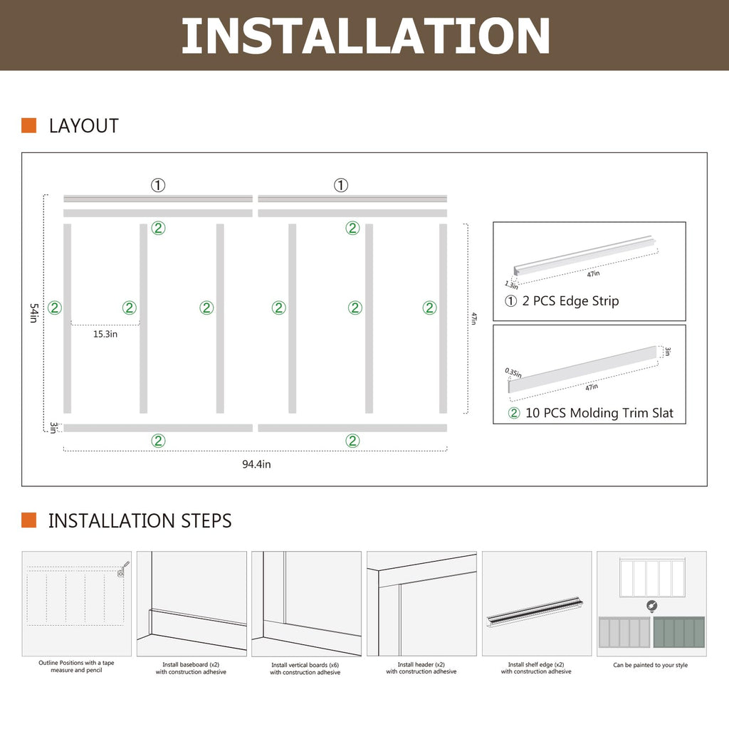 Board and Batten Wall Panel Kit,Paintable Wainscoting Panels Easy Install Living Room Hallway, Covers 94" x 54"