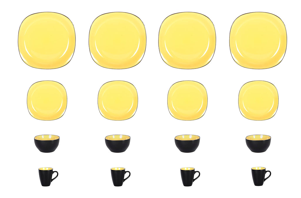 Stoneware Square 16pc Dinnerware Set, Inside Shiny Yellow + Outside Matte Black
