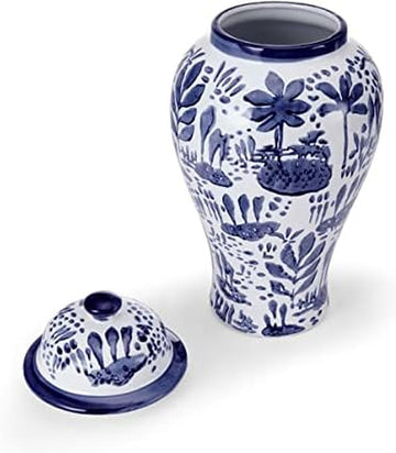 Blue and White Landscape Round Ceramic Ginger Jar, Store Small Household Items or Display Faux Florals