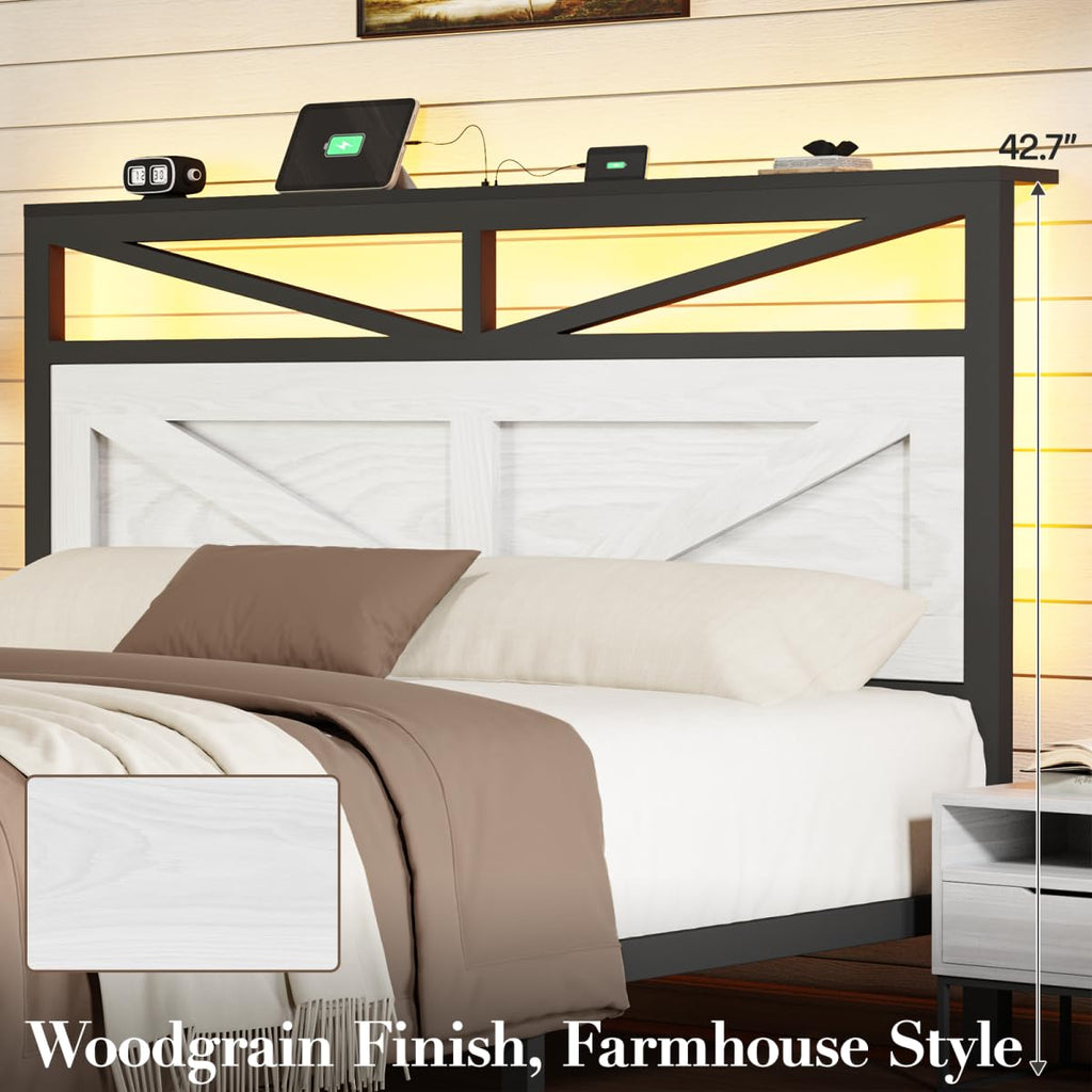 Rustic Bed Frame with Barn Door Headboard and Storage, Farmhouse LED Bed Frame with Charging Station