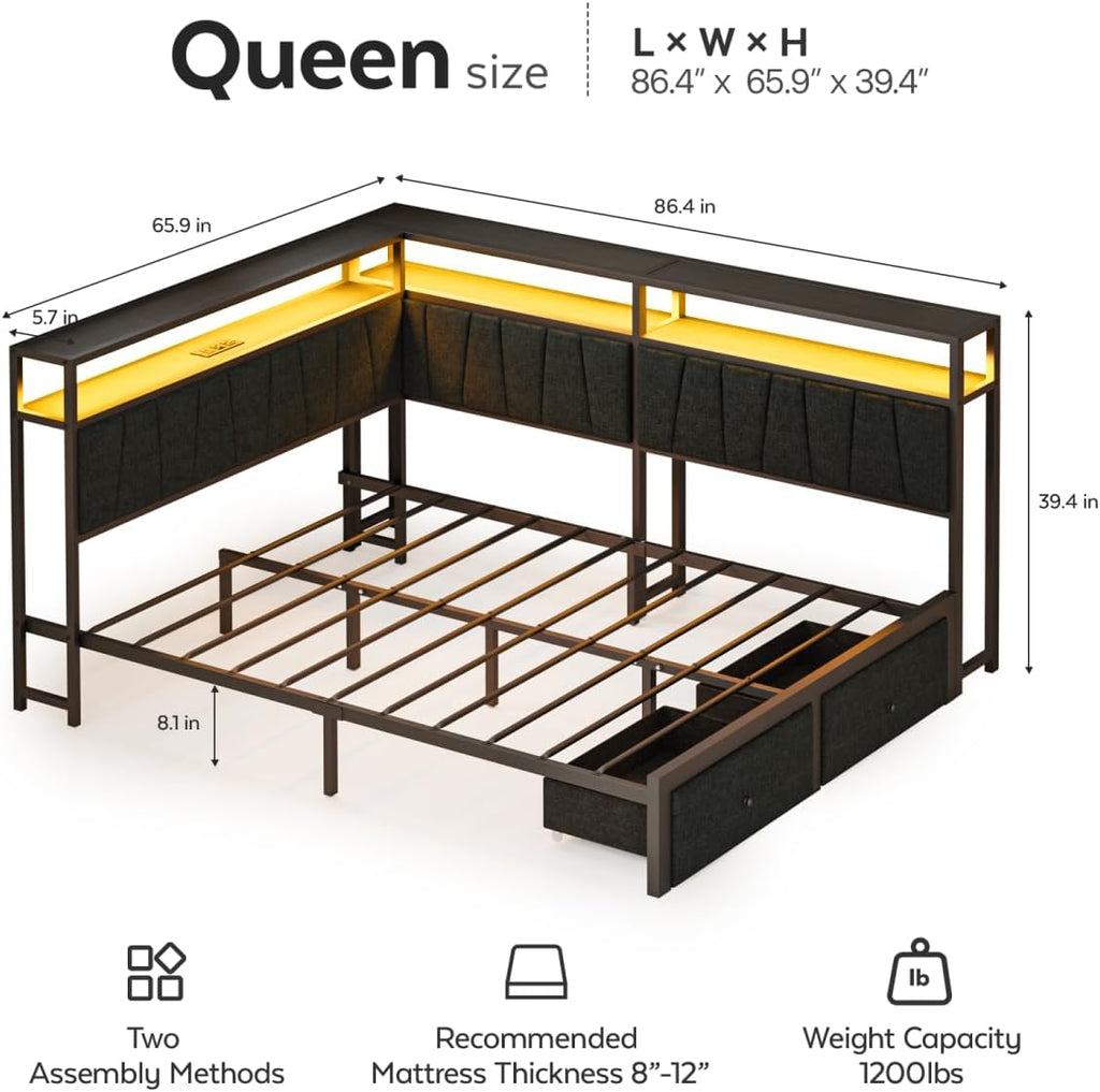 Queen Corner Bed Frame with Storage Drawers, Modern Daybed with LED Lights and Charging Station, Metal Platform Bed