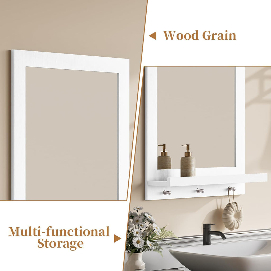 24" x 18.5'' Wood Wall Mirror with Shelf, Rectangular Hallway Mirror with Hooks, Hanging Wall Mirrors, White