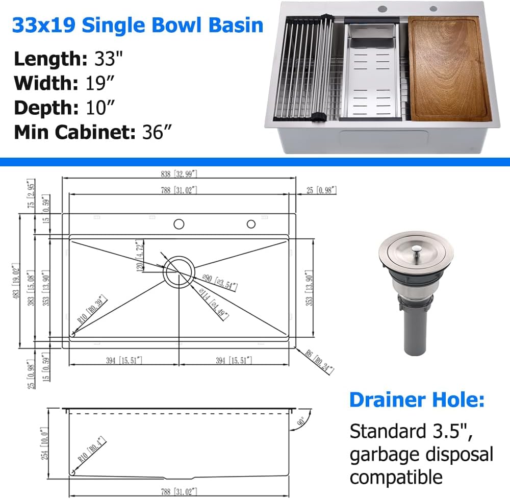 33x19 Drop Sink Workstation | Top Mount Stainless Steel 16 Gauge Handmade 10 inch Deep Single Bowl Kitchen Sink