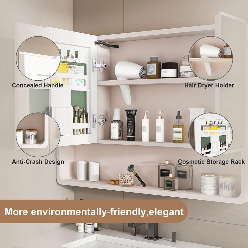 Bathroom Medicine Cabinet with Mirror and LED Lights, Wall Mounted Aluminum Medicine Cabinet with Storage and