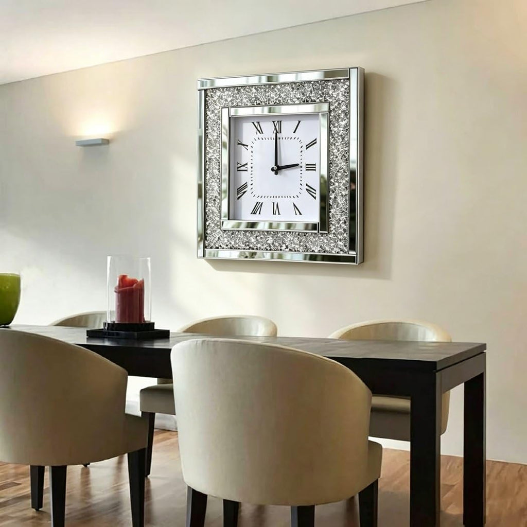 Silver Square Mirror Clock 20x20inches Crystal Sparkle Twinkle Bling Crushed Diamond Mirrored Large Wall Clock for