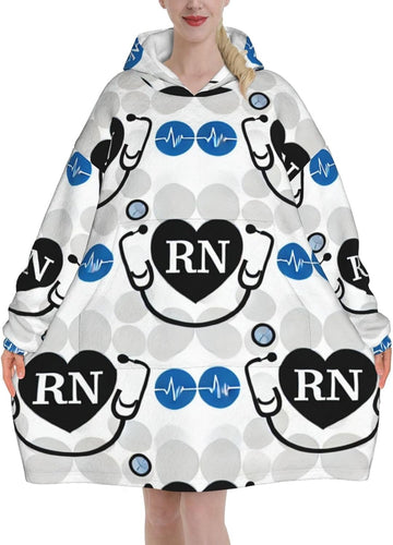 Oversized Adult Long Sleeve Flannel Hoodie Blanket Nurses-Registered-Rn Soft Fuzzy Hooded Sweatshirt Lounging Pullover