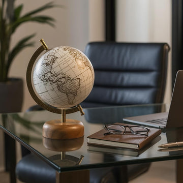 Decorative Globe with Wood Base or Office Decor - Ornament for Desk, Hallway, or Coffee Table - Modern Desktop Globe