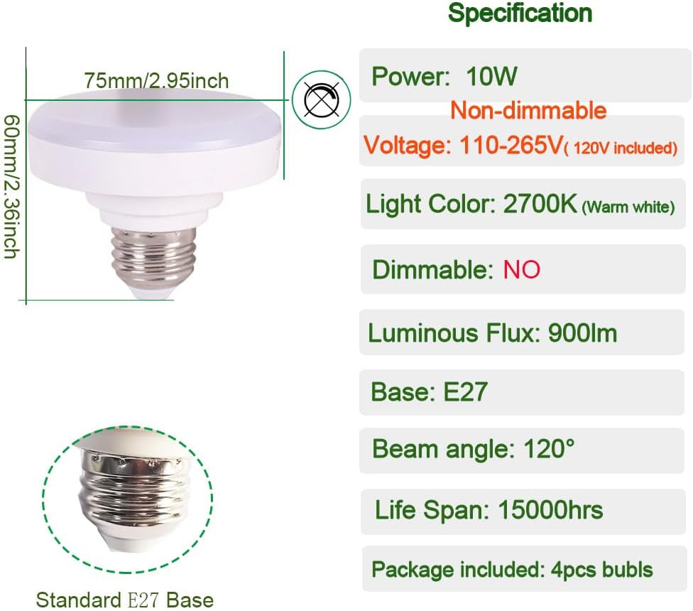 E27 120V 10W LED Mini Flat Light Non-dimmable 75W Squat Bulb Replacement 3000K Soft White led Bulb (Warm White 3000K)