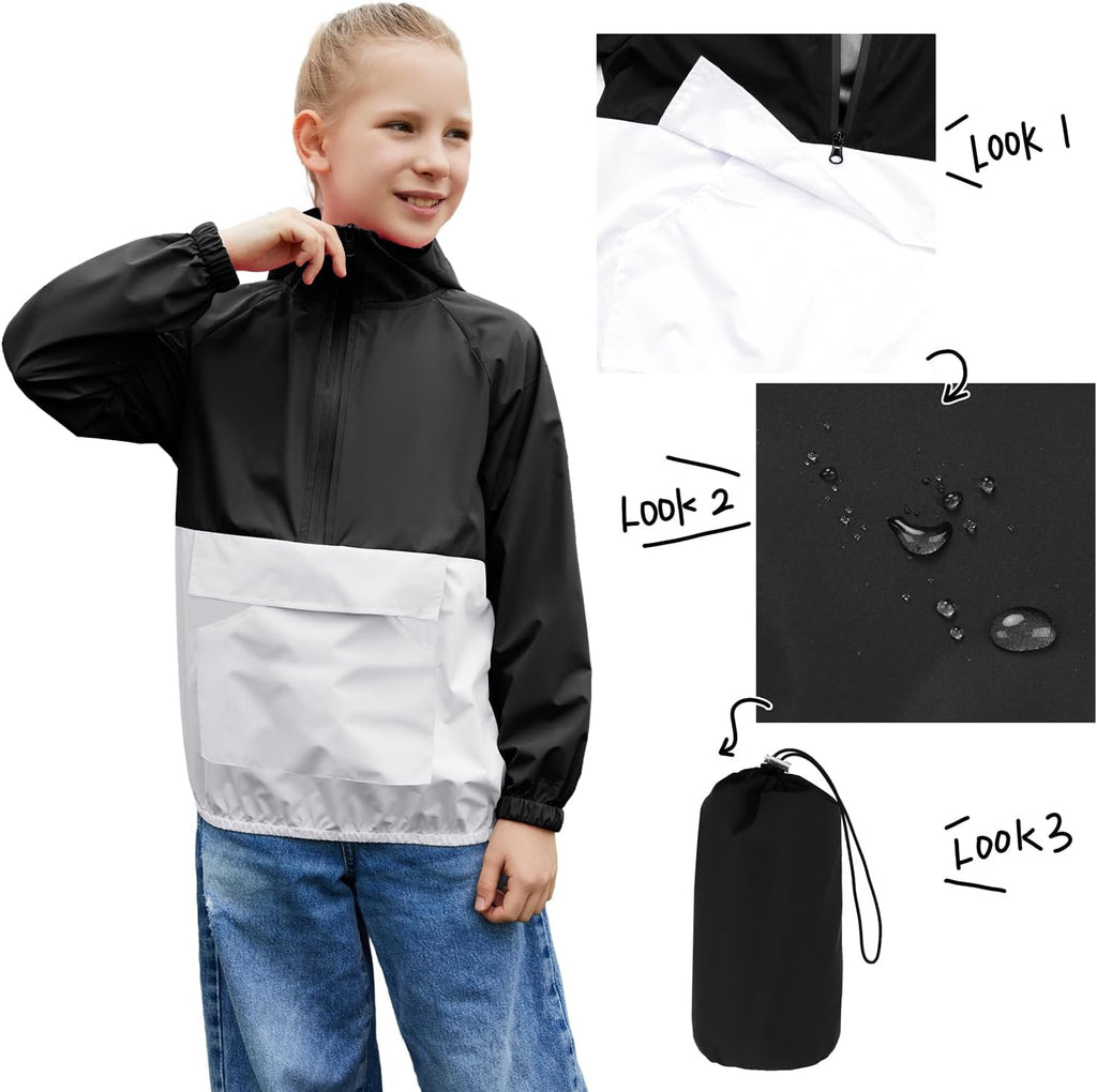 Girls Boys Rain Jacket Lightweight Waterproof Packable for Outdoor