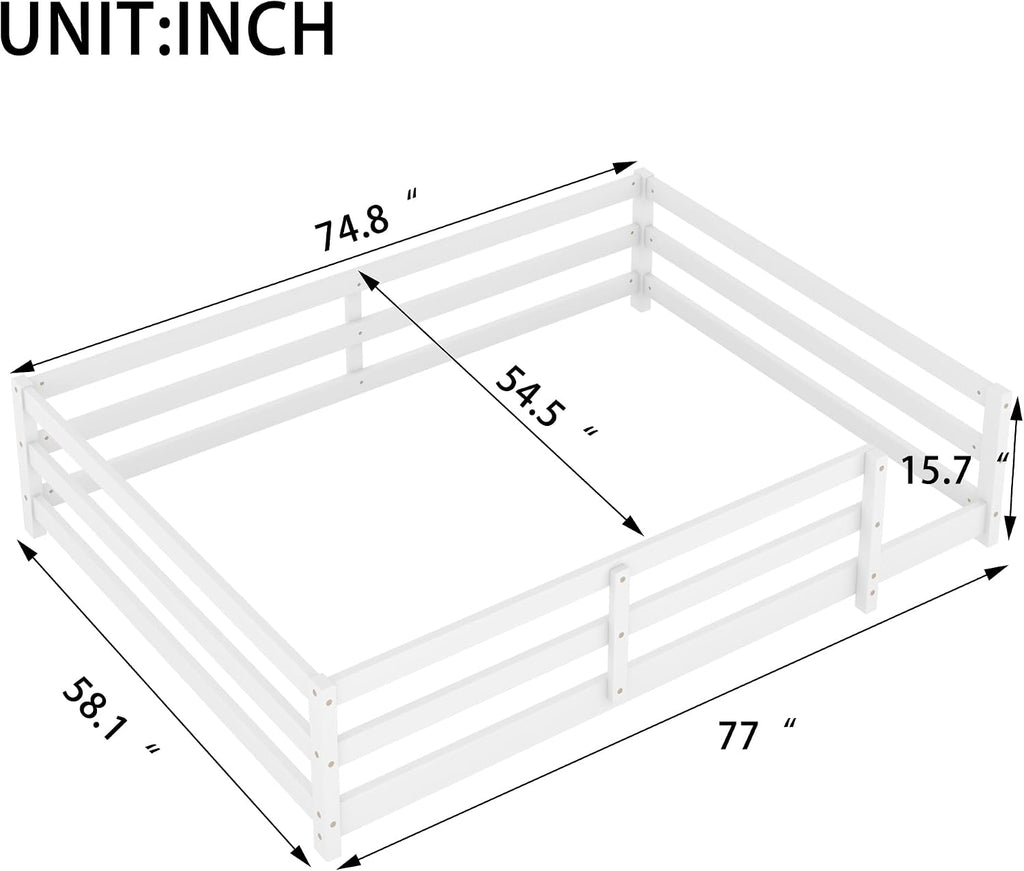 Floor Bed for Kids with High Fence, Wooden Montessori Floor Beds, White no slats