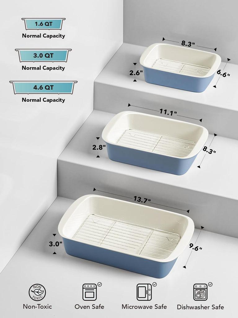 Ceramic Casserole Dishes for Oven with 304 Racks, Set of 3, Blue