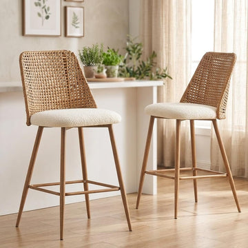 Rattan Counter Height Bar Stools Set of 2, 26" Boucle Fabric Upholstered Barstools with PE Rattan Cane Back, Bar