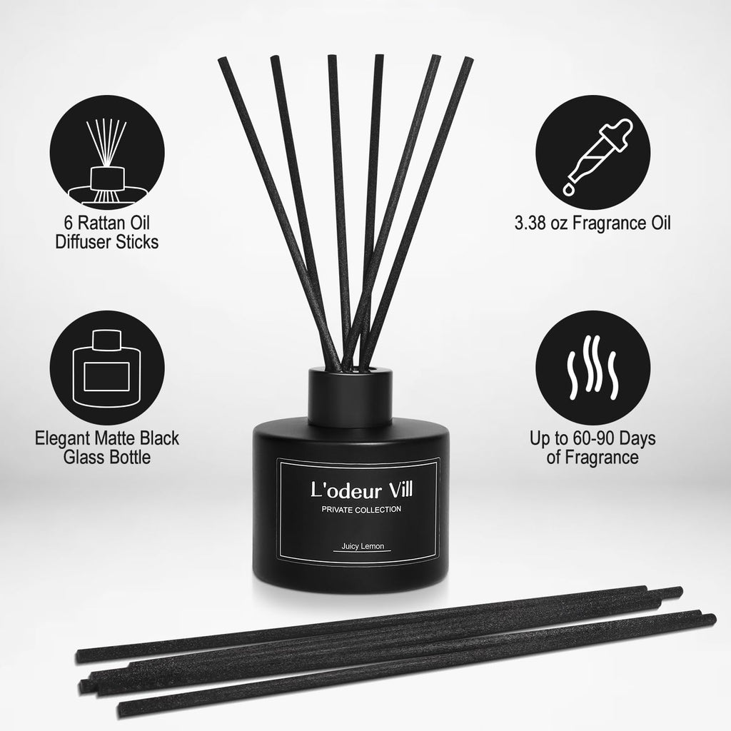 Vill Reed Diffuser, 3.4oz(100ml) Juicy Lemon Reed Diffuser Set with 6 Oil Diffuser Sticks, Matte Black Aroma Scent