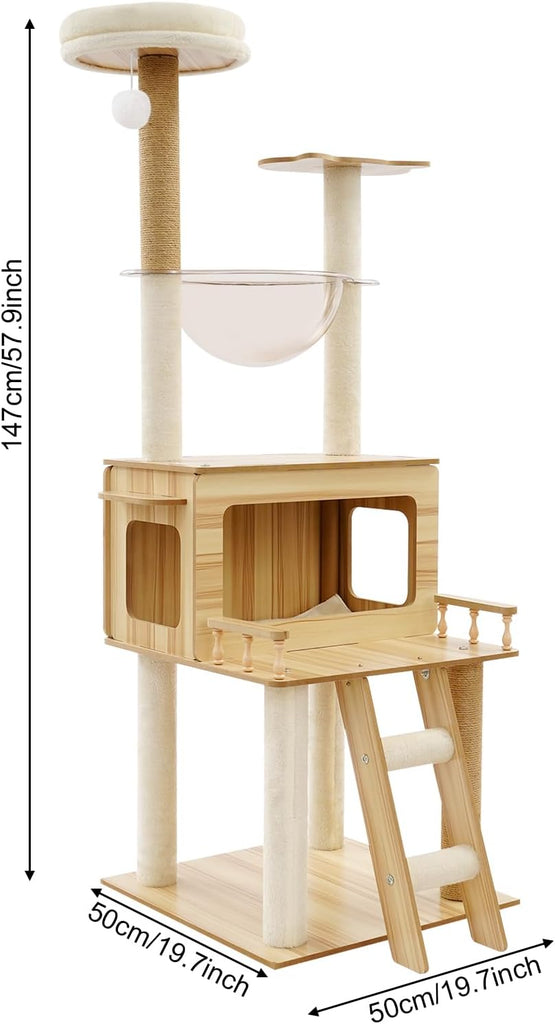 57.9in Wood Cat Tree Tower for Indoor Cat, Modern Minimalist Cat Furniture with Cat Scratching Post & Observation