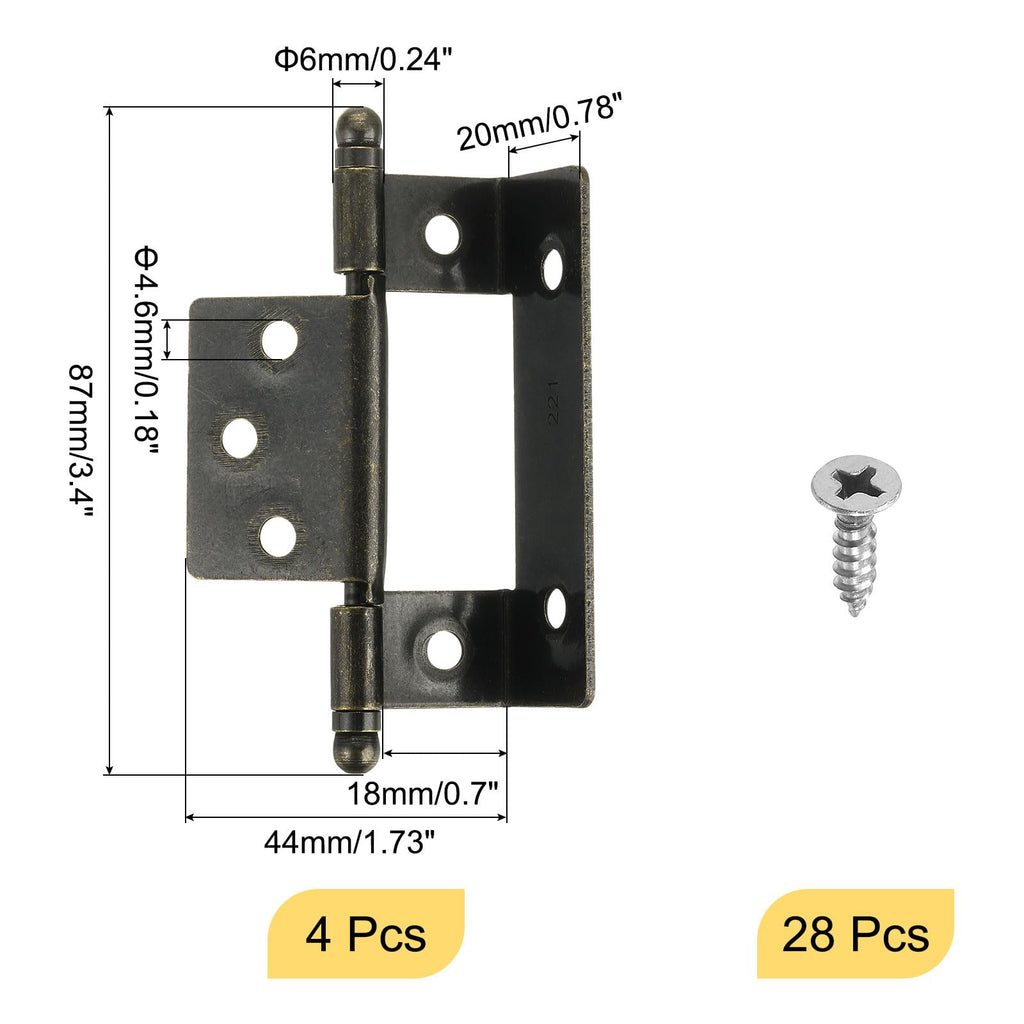 4Pcs Cabinet Hinges Full Inset, 3.4x0.7Inch Partial Wrap Long Axis Tip Hinge Vintage Semi-Wraparound Cover Cabinet