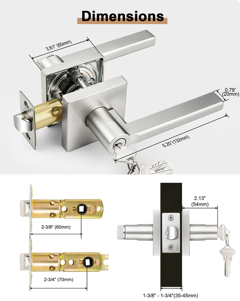 Brushed Nickel Keyed Entry Square Door Handle with Lock, 3 Pack Keyed Alike Heavy Duty Door Lever for Interior