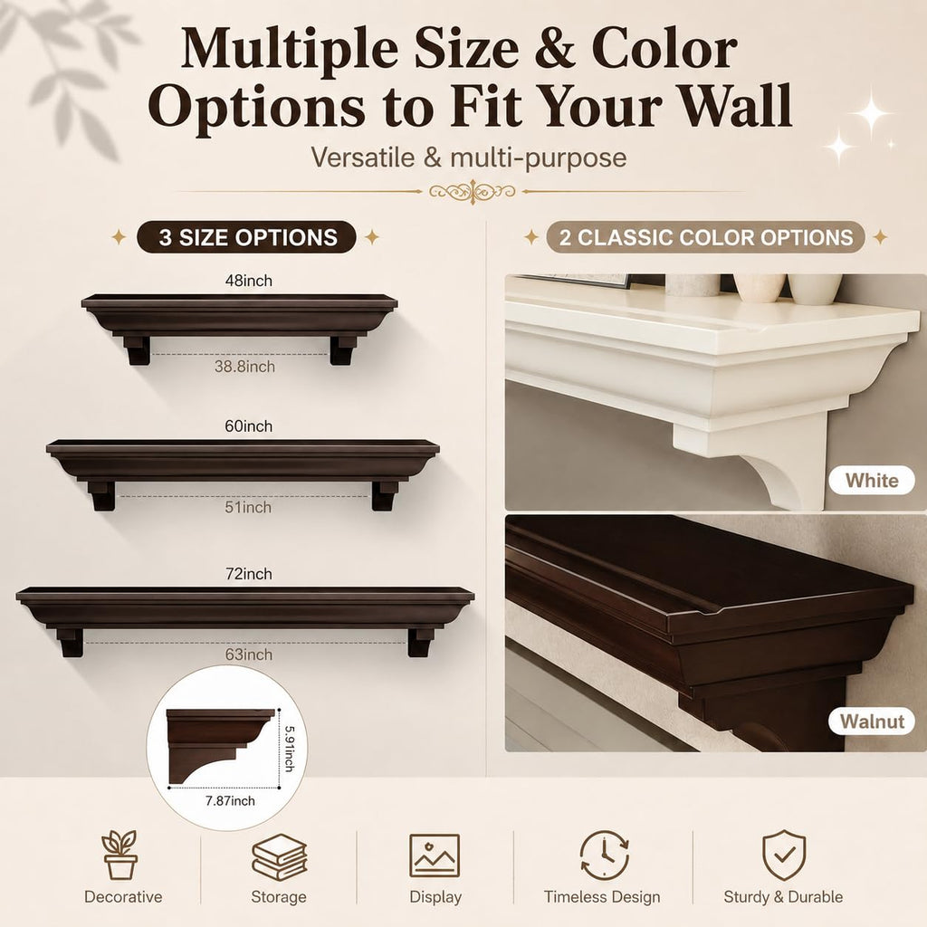 72 Inch Fireplace Mantel Shelf, Invisible Heavy Duty Bracket Floating Mantle for Over Fireplace, Wall Mounted