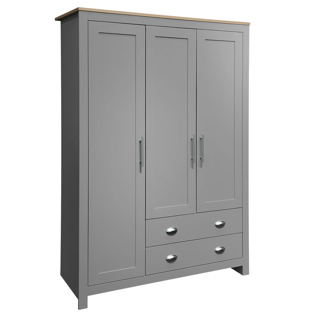 3 Doors Armoire Wardrobe Closet with 2 Drawers, 67.9" H Wooden Closet Wardrobe Cabinet with 2 Hanging Rods and