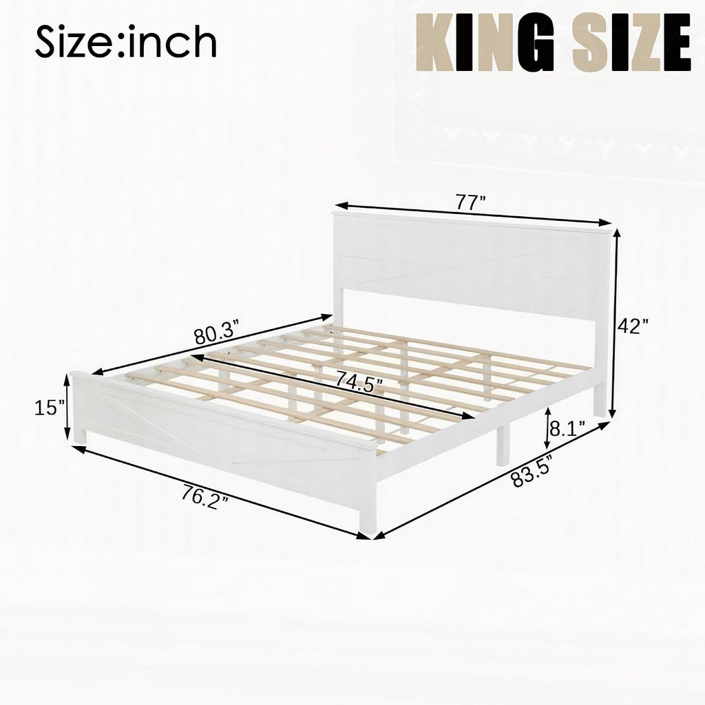 Rustic Platform Bed Frame with Barn Door Design Headboard and Footboard for Bedroom, King Pine Wood Bed with Wooden