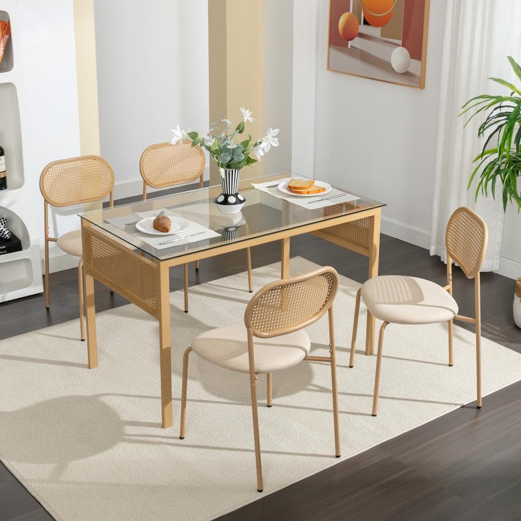 Boho Dining Chairs Set of 4 with Rattan Back, Upholstered Cane Seats, Metal Legs - Perfect for Dinner, Living Room