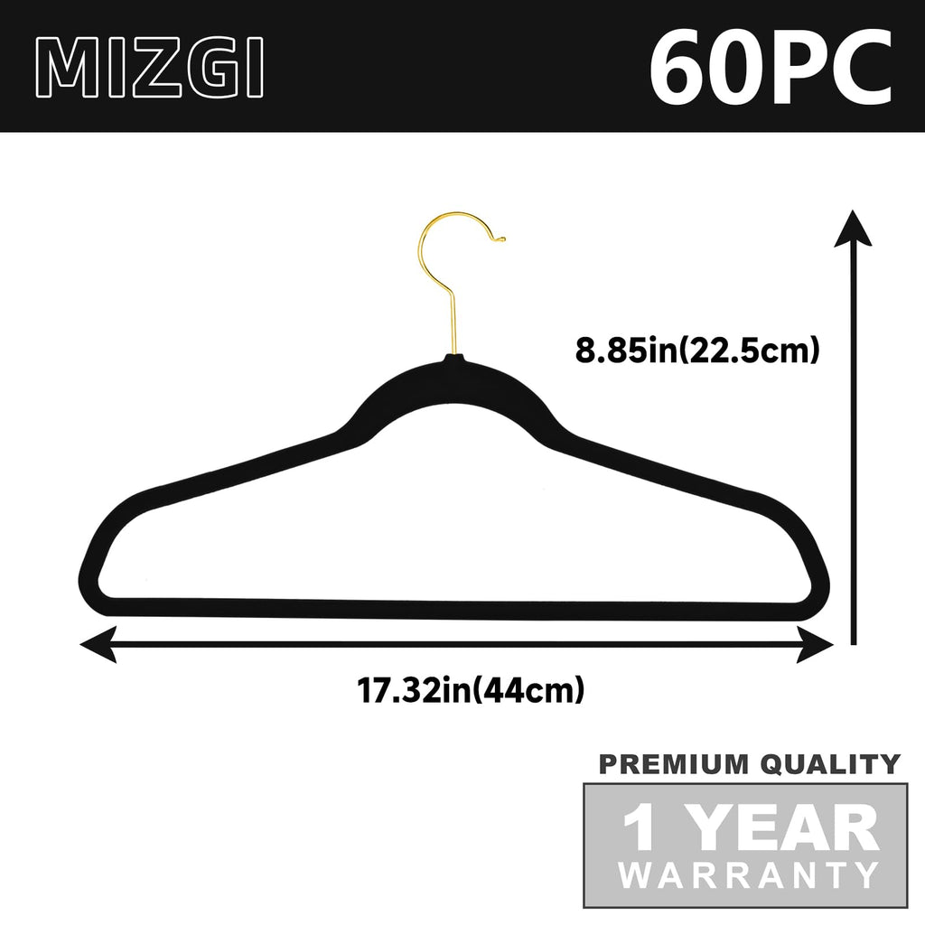 Black Velvet Hangers, Premium Gold Finish, Non-Slip Felt, Heavy Duty, Durable Suit Hangers, Space Saving - 60 Pack
