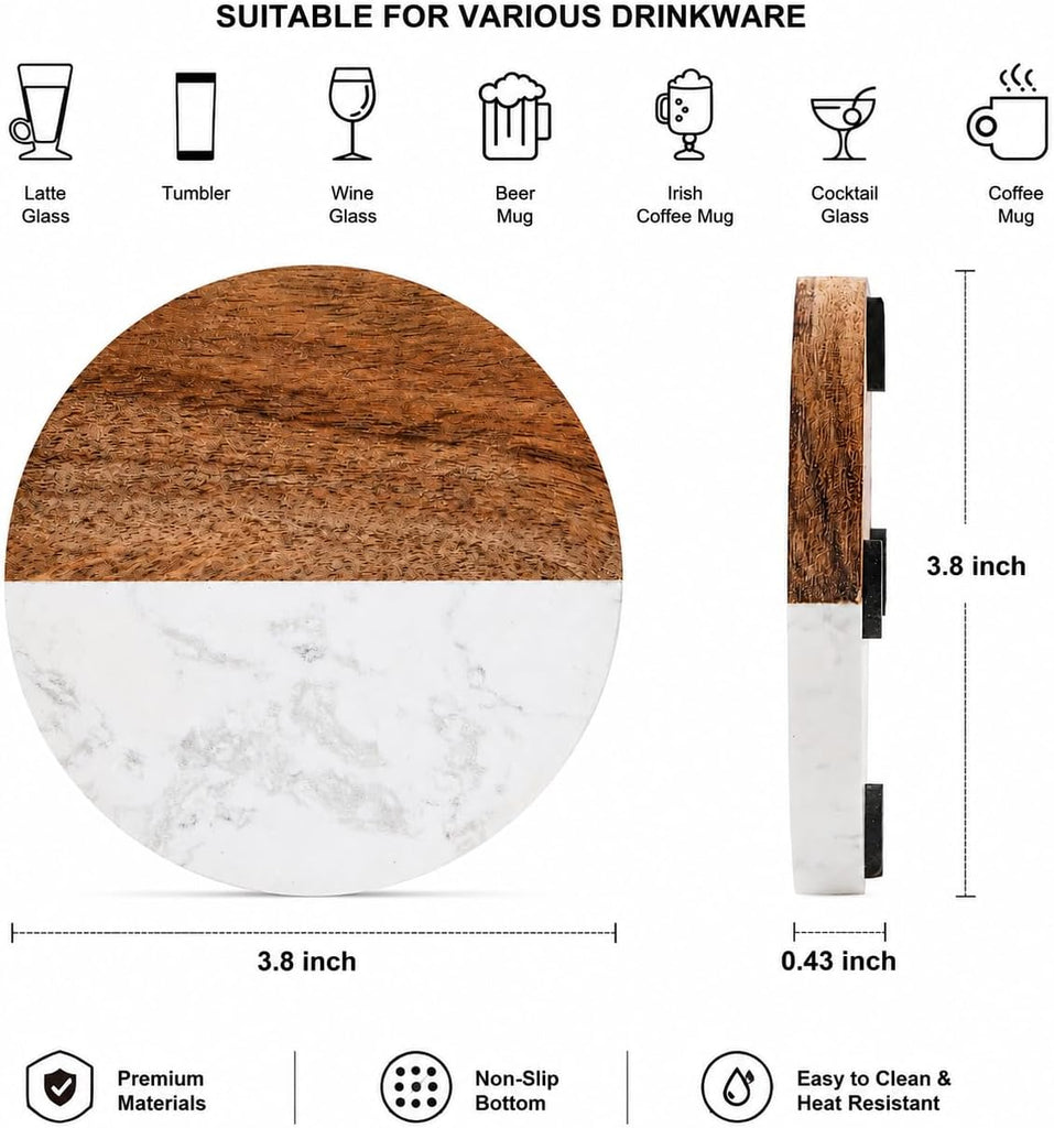 Packs Marble Wood Coasters, Round Coaster, Handcrafted Artificial Marble Coasters Set for Your Drinks - Set of 6