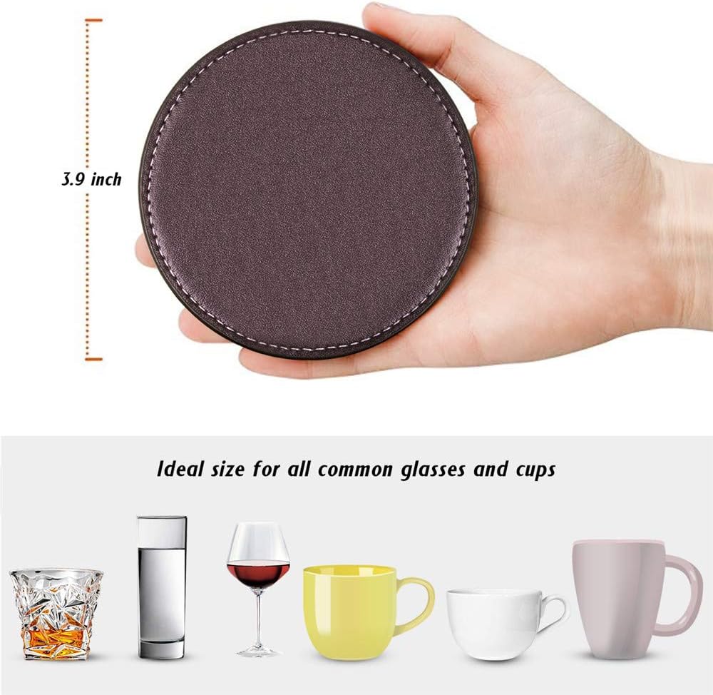Coasters for Drinks, Leather Coasters with Holder,Protect Furniture from Damage(, Brown) - Set of 6