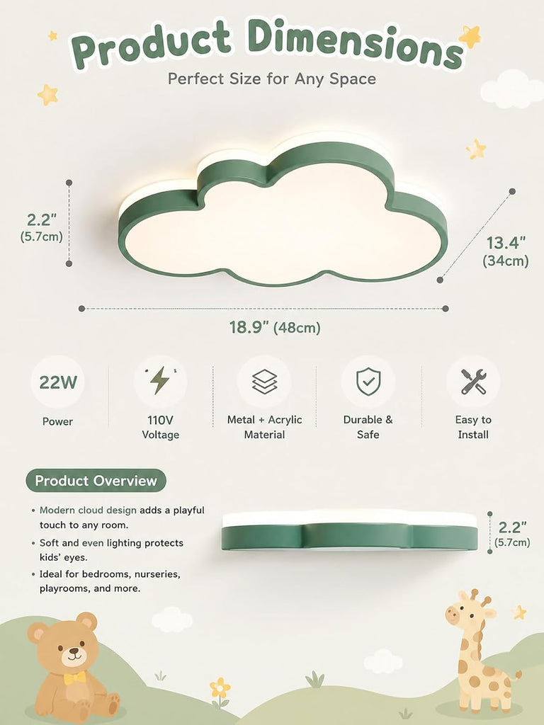 Cloud Ceiling Light for Kids Room, 19 Inch Green Cloud LED Flush Mount Ceiling Light with Remote, 3 Color Changeable