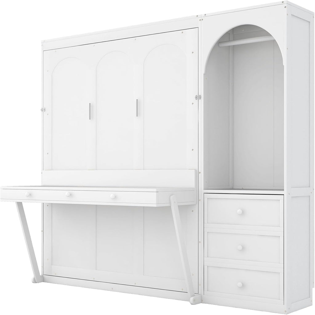 Queen Murphy Bed,Murphy Bed with Storage Shelf,LED Light Closet Rod and 3 Drawers,White