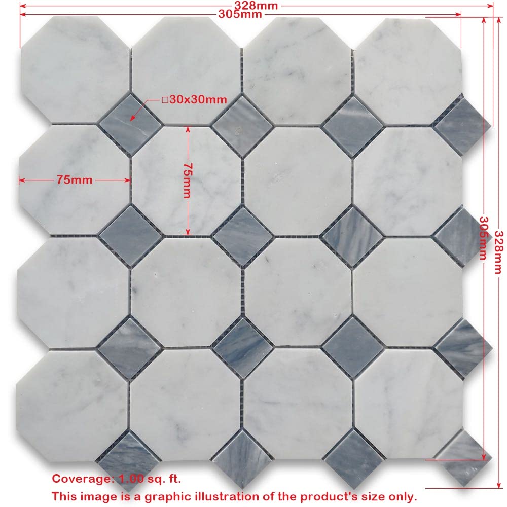 Thassos White Marble 3 inch Octagon Mosaic Tile w/Sagano Green Dots Honed Kitchen Bath Wall Floor Backsplash Shower