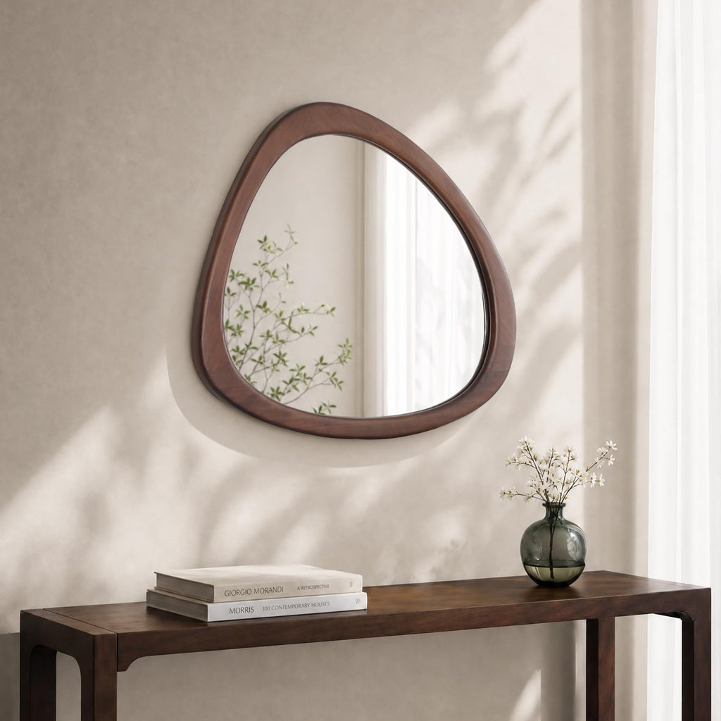 23" H x 19" W Asymmetrical Mirror, Irregular Wall Mirror, Wood Mirror, Hall - Dark Walnut