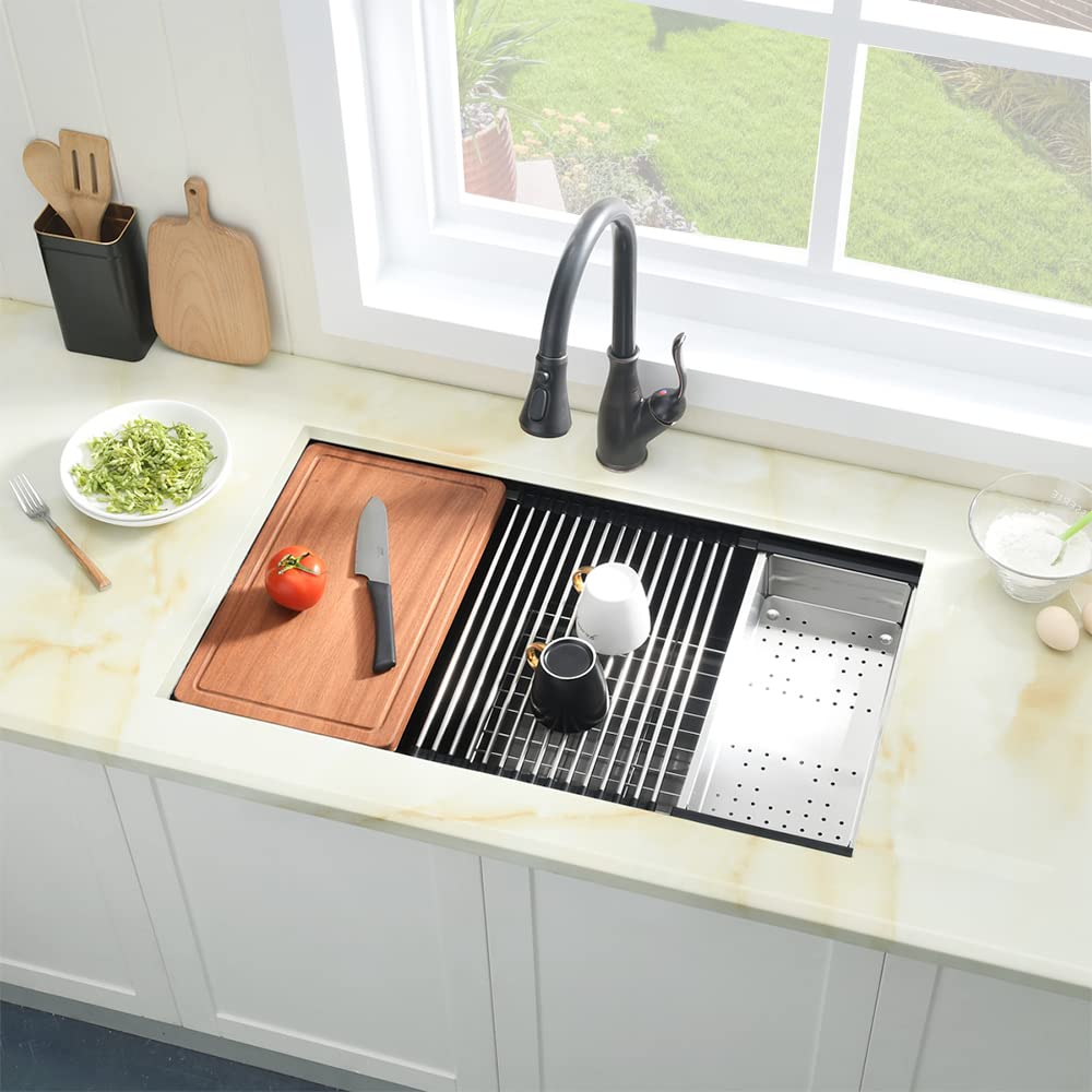33 Inch Black Undermount Kitchen Sink Offset Drain, 33x19 Undermount Workstation Sink 16 Gauge Stainless Steel Single