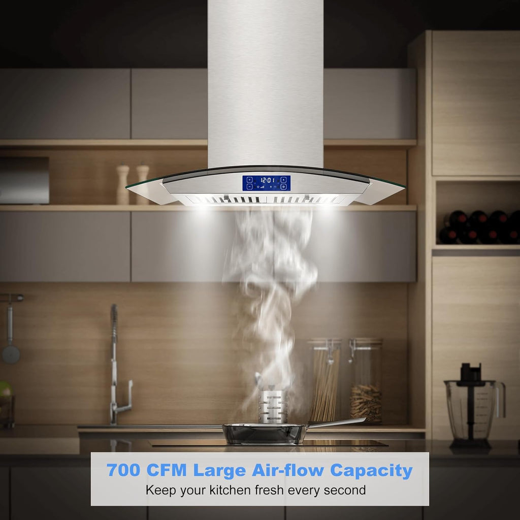 30 Inch Stainless Steel Island Mount Range Hood 700 CFM 3 Speed Gesture & Touch Control Convertible Ducted/Ductless