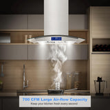 30 Inch Stainless Steel Island Mount Range Hood 700 CFM 3 Speed Gesture & Touch Control Convertible Ducted/Ductless