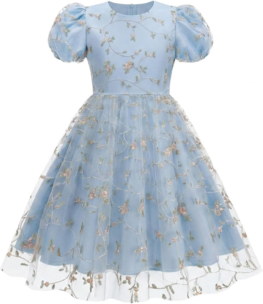 Kids Girls Short Sleeve Embroidery Floral Lace Tulle Dress