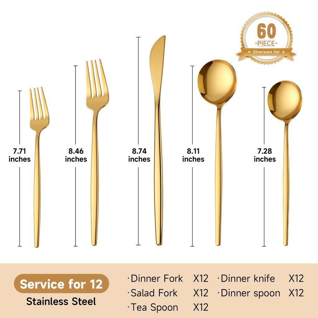 Gold Silverware Set for 12, 60 Piece Stainless Steel Flatware Cutlery Set