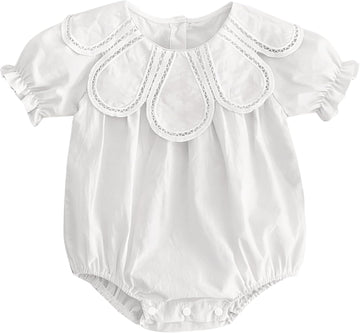 Baby Girl Petal Collar Romper, Cotton Sleeveless Ruffle Bodysuit for Infant, Vintage Lace Trim One Piece