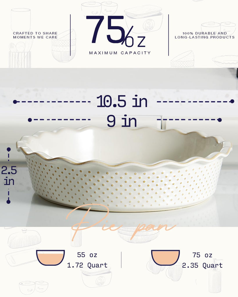 Ceramic Deep Pie Pan, 9 inch Pie Dish for Baking, Non-Stick, Oven & Dishwasher Safe, Farmhouse Decor Quiche Baking
