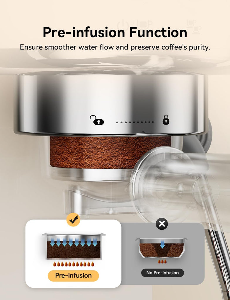 Espresso Machine 20 Bar Super Compact Espresso Coffee Machine-Beige | Professional Stainless Steel Espresso Maker