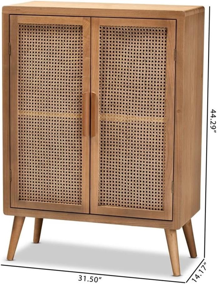Mid-Century Wood/Rattan 2-Door Storage Cabinet, Oak Finish, 44.29" H x 31.5" W x 14.17" D, Adjustable Shelves, Angled