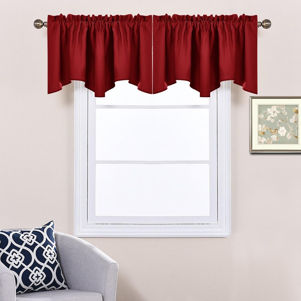 Burgundy Red Blackout Valances, Thermal Insulated Elegant W52 x L18 Scalloped Rod Pocket Curtains Small Window