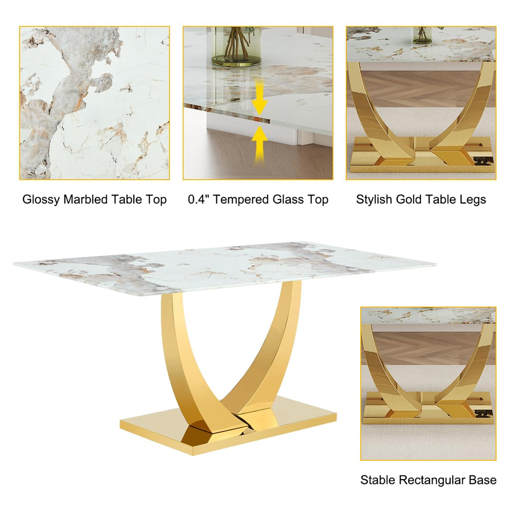 Faux Marble Dining Table Set for 6, 71" Dining Room Table Set for 6