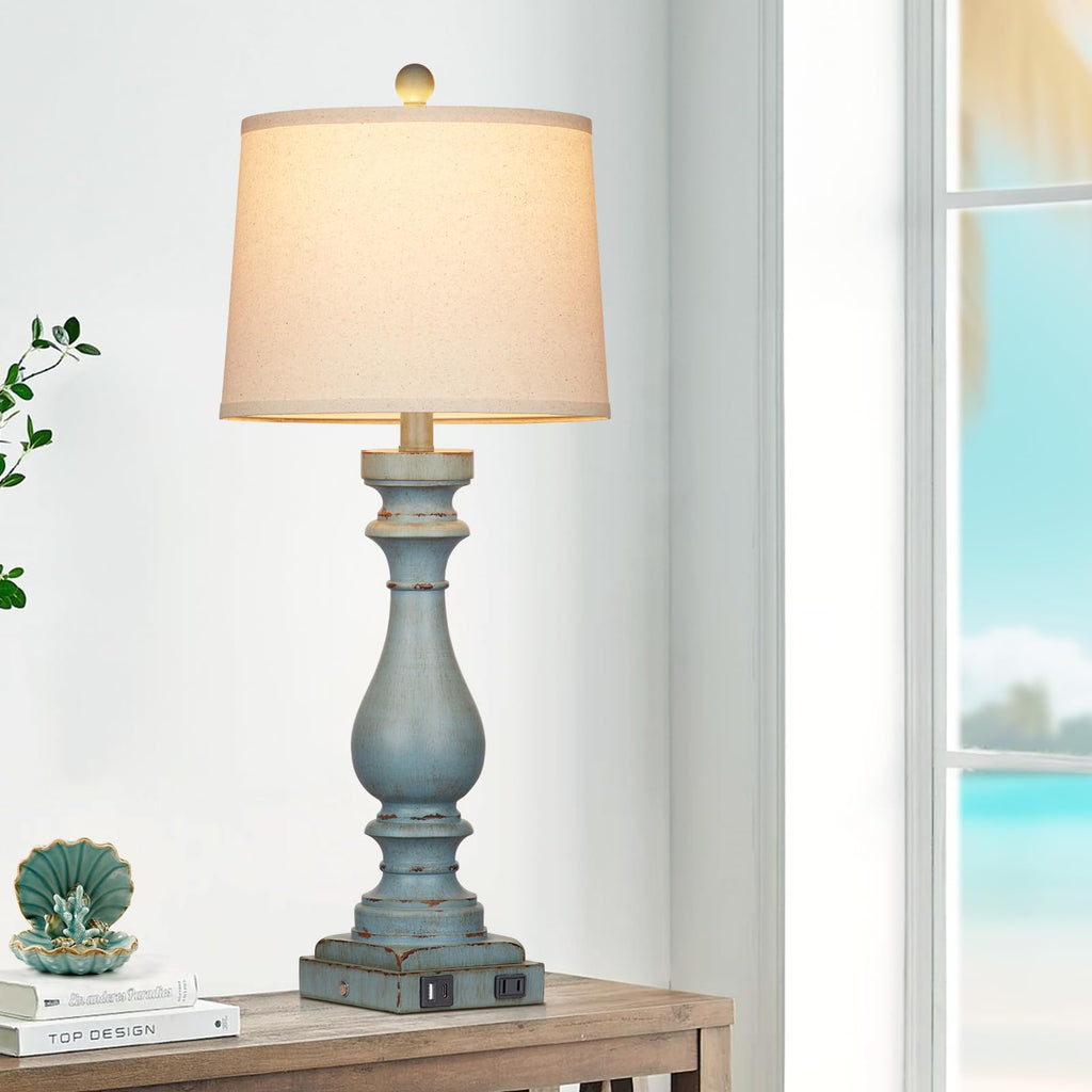 29" Tall Coastal Lamp, Retro-Blue Vintage Bedside Nightstand Lamps with USB Charging Ports A/C, 3-Way Dimmable Touch