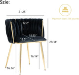 Woven Velvet Dining Chairs Set of 2, Upholstered Velvet Dining Chairs with Gold Metal Legs, Modern Style, Black